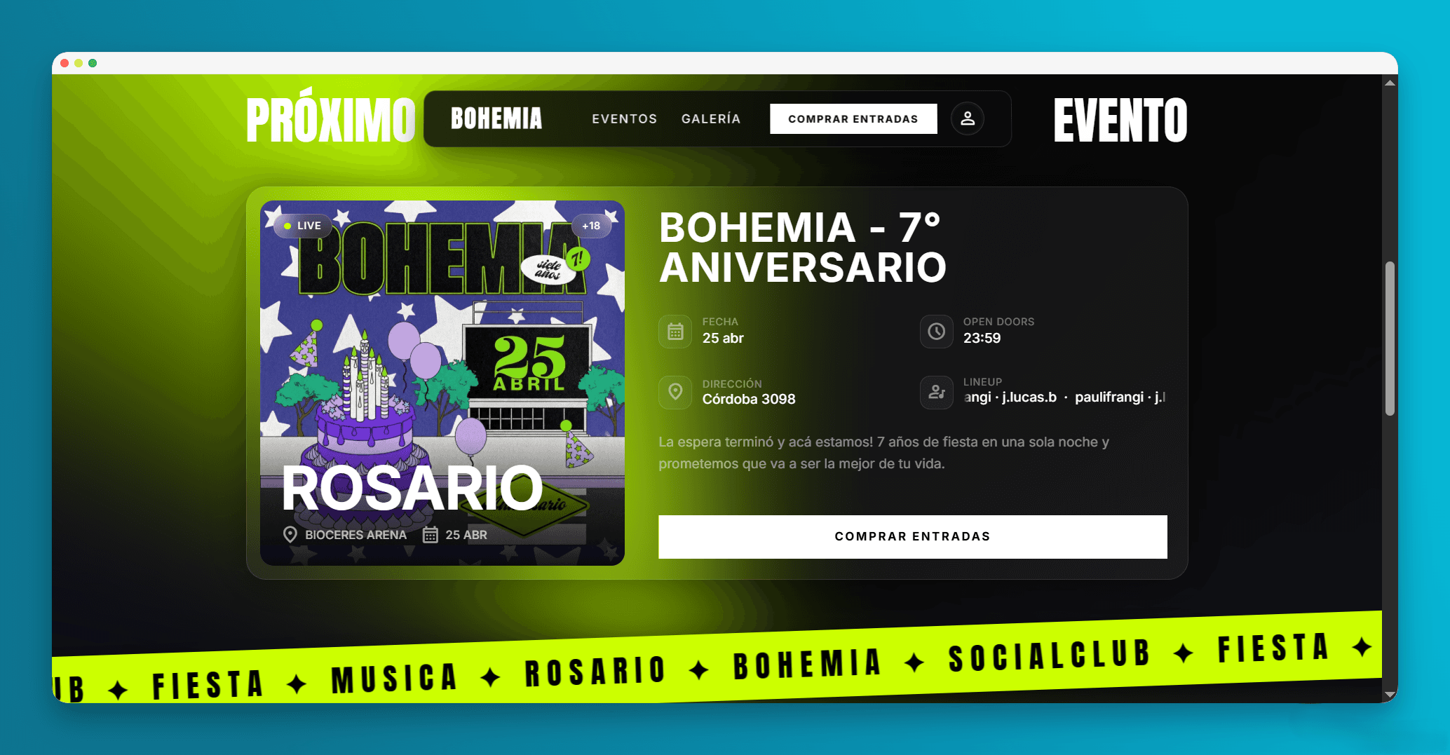 Portada de Bohemia con el próximo evento: fecha, dirección, lineup y el botón de compra de entradas.